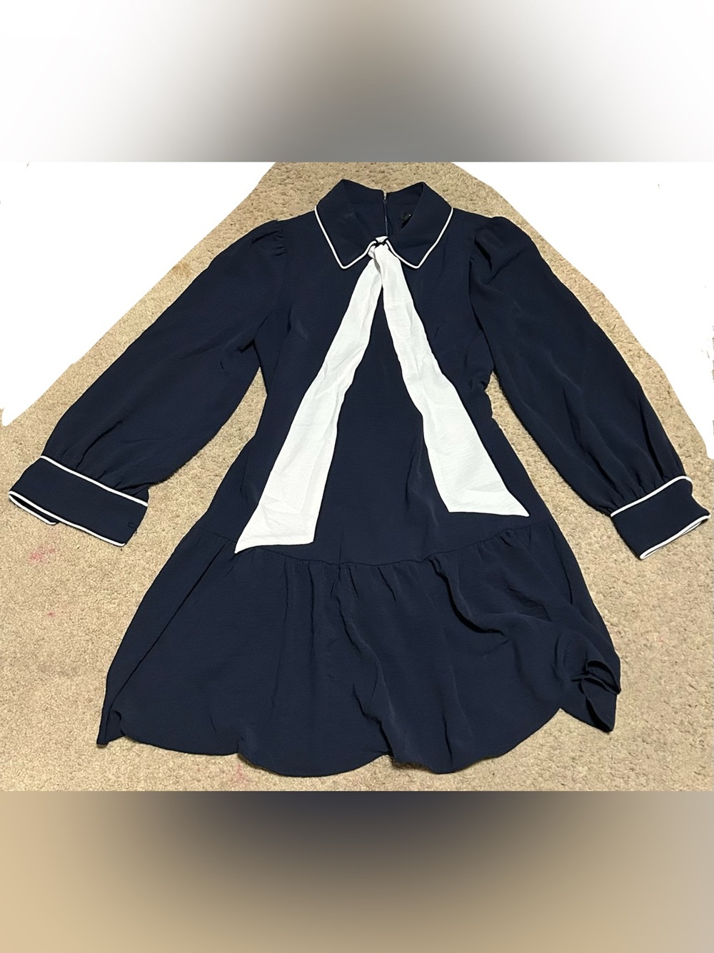 Navy blue Long Sleeve Tie-Neck Dress with White Bow